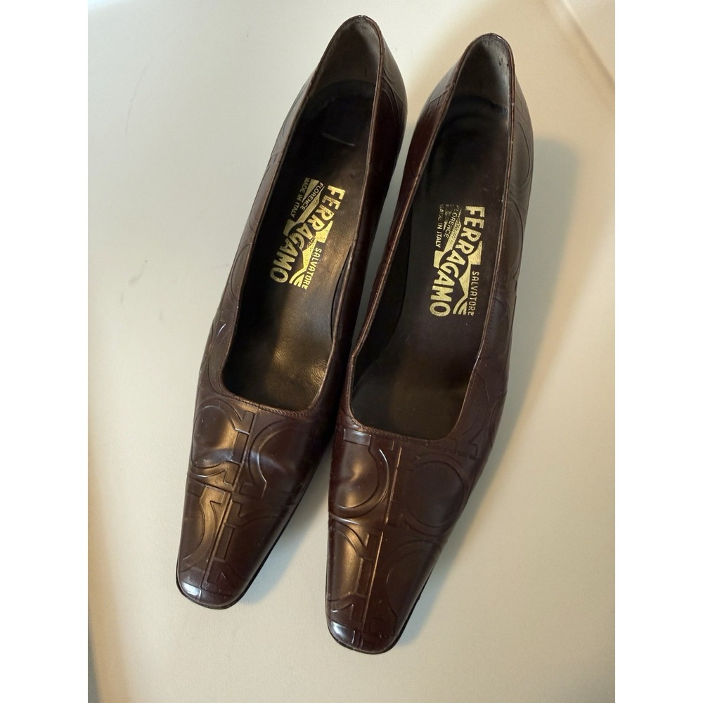 Salvatore Ferragamo Dark Brown Embossed Leather Pointed Toe Pumps